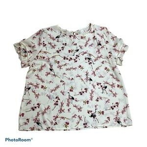 Westmoon White Cherry Blossom Bird Print Chiffon Blouse Size M